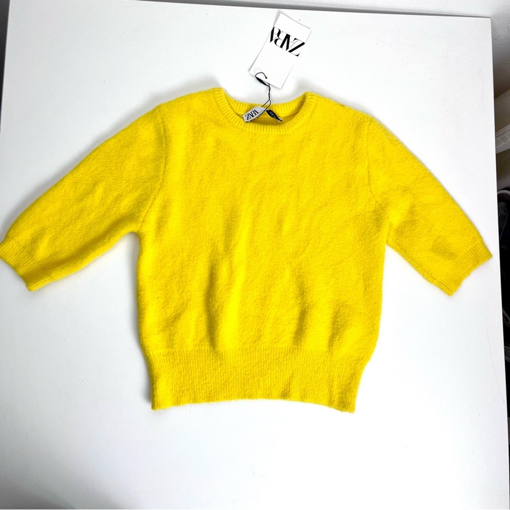 ZARA Bright Yellow Fuzzy Sweater, Cozy Winter Fashion, Crew Neck Pullover